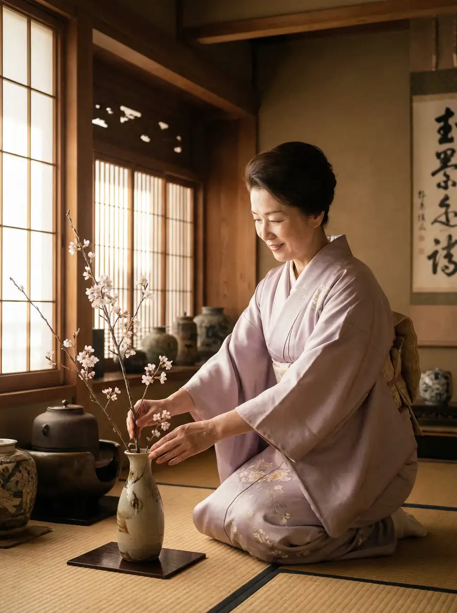 一位优雅的 吃瓜黑料 在和室中插花